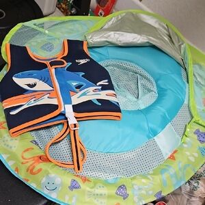 Speedo Navy Swim Vest with Orange Trim and Shark Graphic